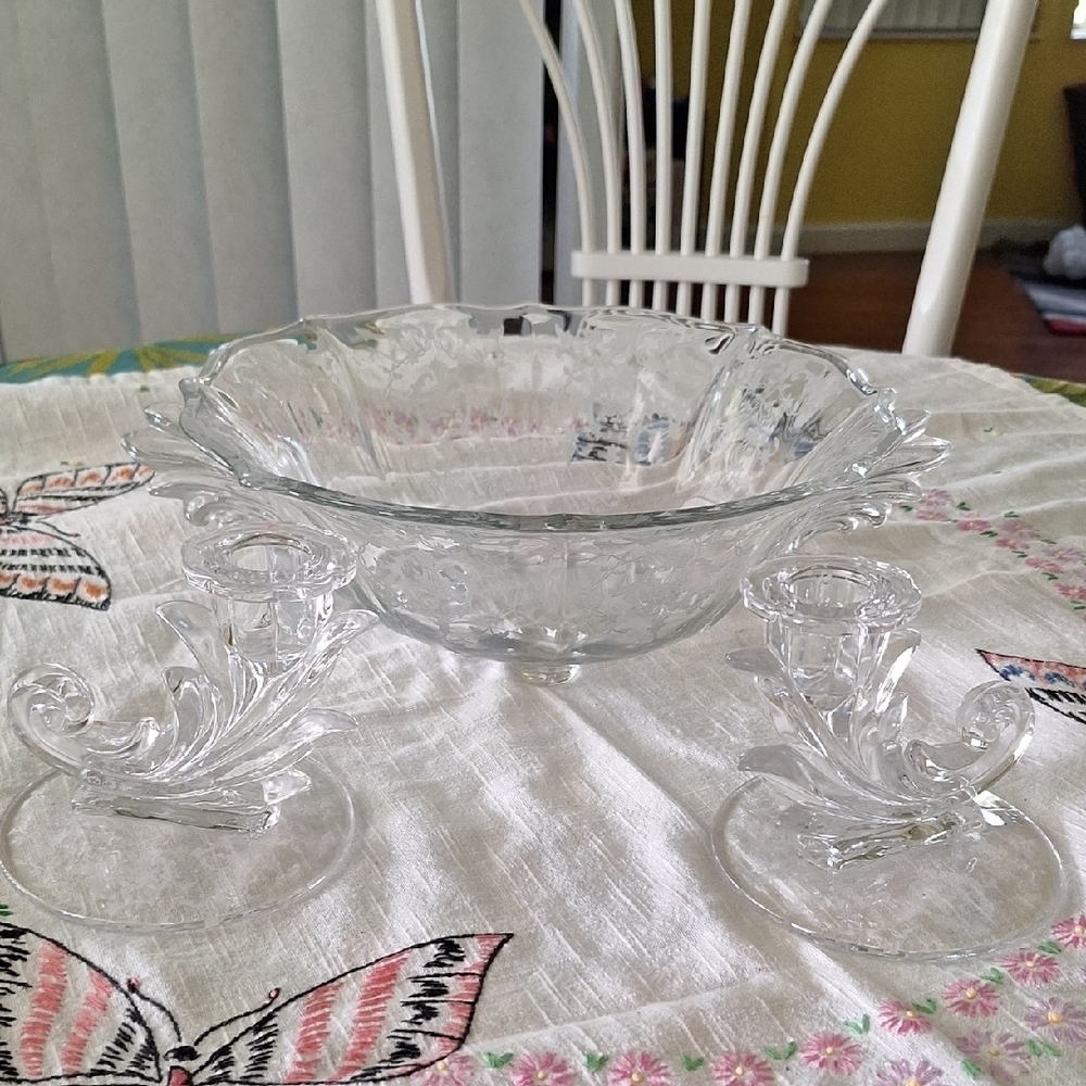 Elegant Fostonia Clear Crystal Bowl with Candle Holders